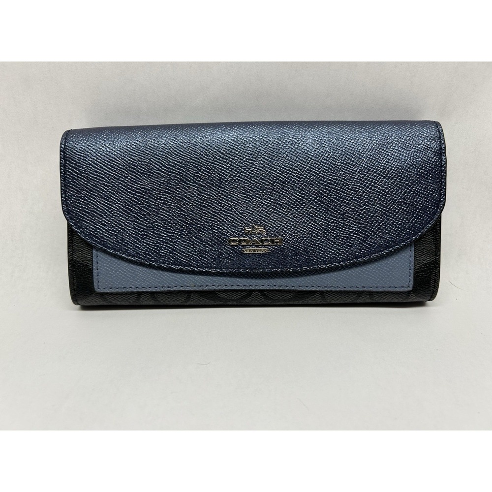 Coach Envelope Bifold Wallet Horse Carriage Blue Glitter Crossgrain Leather